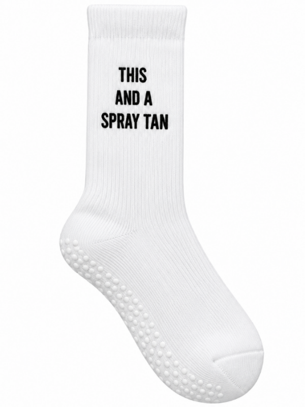 Tan Pilates Socks by bakd sunless. Show off your sunless tanning style with THIS AND A SPRAY TAN Pilates Socks by BakD Sunless, perfect for Pilates and tanning enthusiasts.