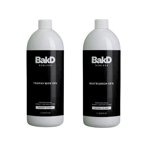15% dha spray tan solution, spray tan solution duo, professional tanning solution, olive undertone spray tan, violet undertone spray tan, BakD sunless trophy wife, bakd sunless matriarch, rapid spray tan solution, sunless tanning solution, spray tan refill liter